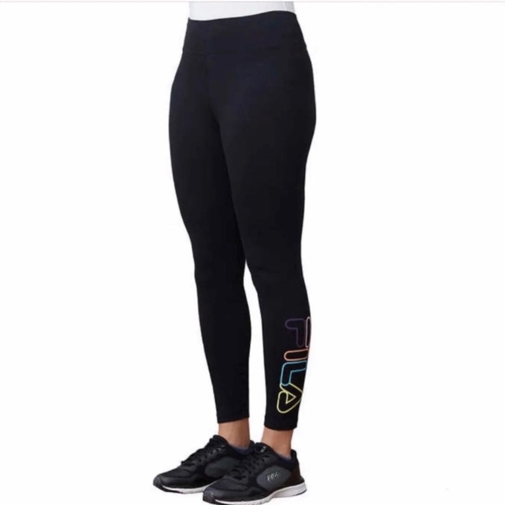 Fila Cotton High Rise Waisted Tight Leggings Black Neon Logo Womens - Picture 2 of 9